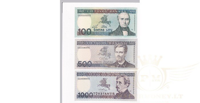 1991-1994 m. 100, 500, 1000 litų rinkinys, UNC!