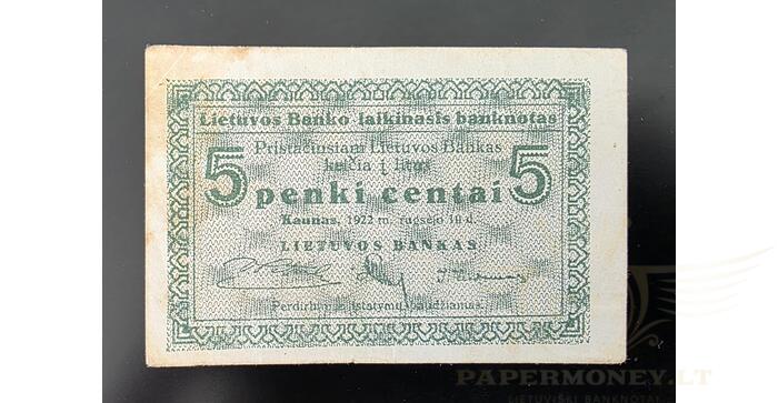 #2 1922 m. 09 mėn. 5 laikinieji centai VF!