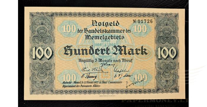 1922 m. 100 Memel markių, aUNC!