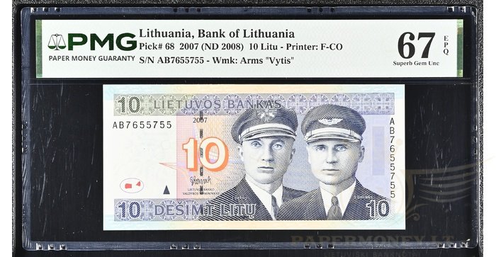 #68 2007 m. 10 litų  AB serija PMG67 !
