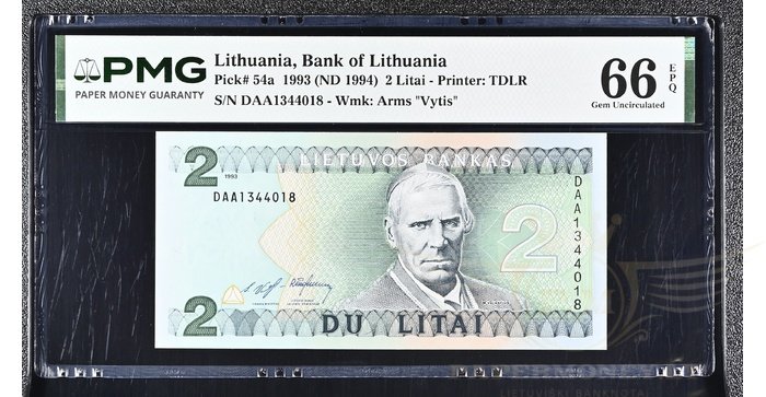 #54 1993 m. 2 litai  DAA serija PMG66!