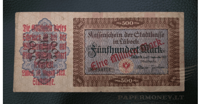 Vokietija 1923 1 milijonas markių  (500 markių) VF - GERMANY 1 000 000 Mark overprint on 500 Mark 1923, VF