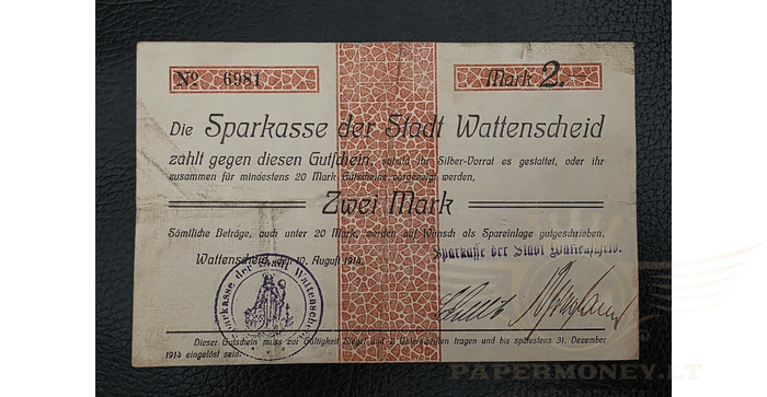 Vokietija 1914 2 markės VF - GERMANY WATTENSCHEID - 1914 X-Large 2 MARK Early WWI German Notgeld, VF