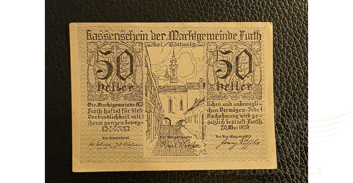 Austrija 1920 50 helerių XF -  Furth Austria 50 Heller note bill 1920, XF