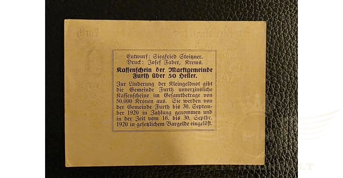 Austrija 1920 50 helerių XF -  Furth Austria 50 Heller note bill 1920, XF