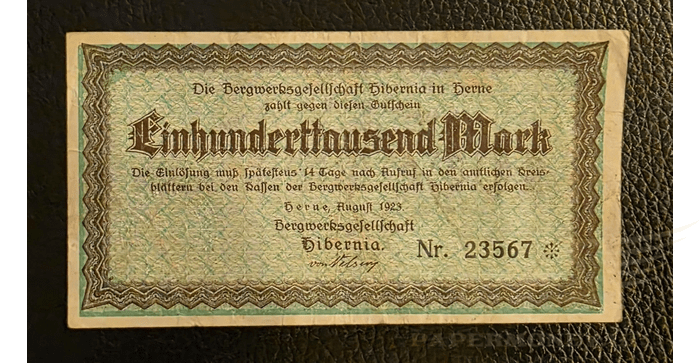 Vokietija 1923, 100000 markių VF - German Herne/ Bergwerksgesellschaft Hibernia, 100.000 Mark, 1923 - Very Fine