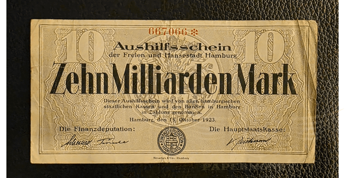Vokietija 1923, 10 milijardų markių VF -  Germany 1923 Hamburg , Notgeld 10 Milliarden Mark, VF