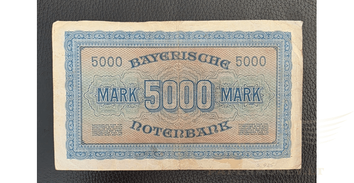 Vokietija 1922 5000 markių VF - Large Germany German States Bayerische 5000 Mark 1922 Banknote, VF