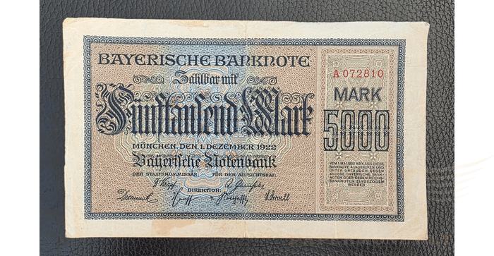 Vokietija 1922 5000 markių VF - Large Germany German States Bayerische 5000 Mark 1922 Banknote, VF