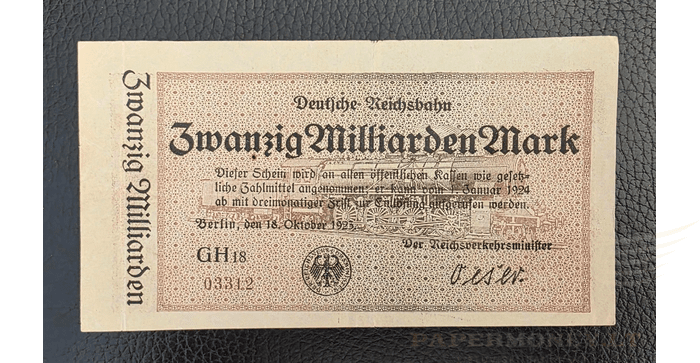 Vokietija 1923, 20 milijardai markių VF - Germany - 1923 - 20.000.000.000 mark - Deutsche Reichsbahn - banknote - VF