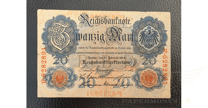 Vokietija 1908 20 markių VF -  20 Mark, 1908 Germany, VF