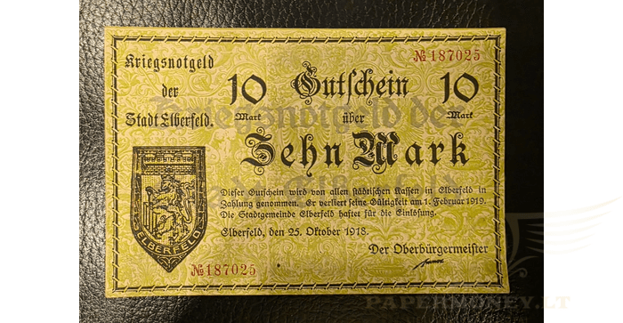 Vokietija 1918, 10 markių UNC - 1918 Germany ELBERFELD 10 Mark Banknote / Notgeld UNCIRCULATED