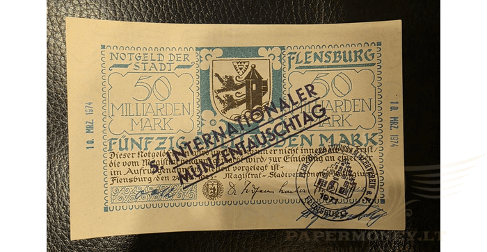 Vokietija 1923, 50 milijardų markių XF - GERMANY 50 Milliarden Mark 1923 Notgeld Stadt Flensburg with seals XF