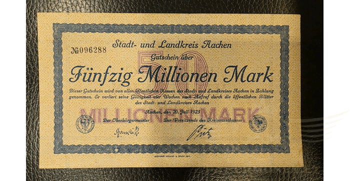 Vokietija 1923 50 milijonų markių aUNC - Germany - Weimar Republic Aachen 50 Million Mark 1923, aunc