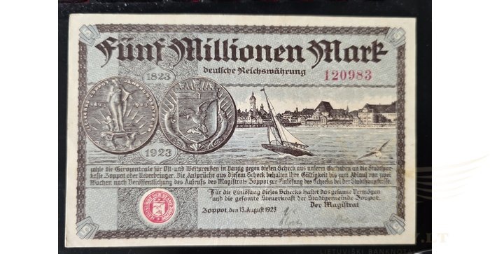 Vokietija Lenkija Sopotas 1923, 5 miljonai markių aUNC - 5 Millionen Mark POLAND GERMANY Zoppot Sopot 1923!