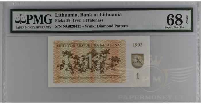 #39 1992 m. 1 talonas NG serija PMG68!
