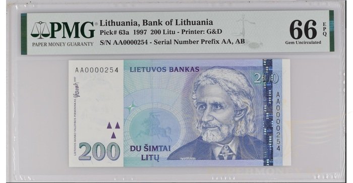 #63 1997 m. 200 litų  AA serija žemas numeris PMG66!
