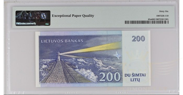 #63 1997 m. 200 litų  AA serija žemas numeris PMG66! 1