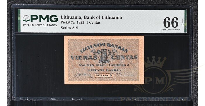 #7 1922 m. 1 centas serija O, PMG66 Top pop!