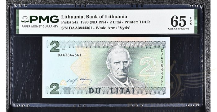 #54 1993 m. 2 litai  DAA serija PMG65!