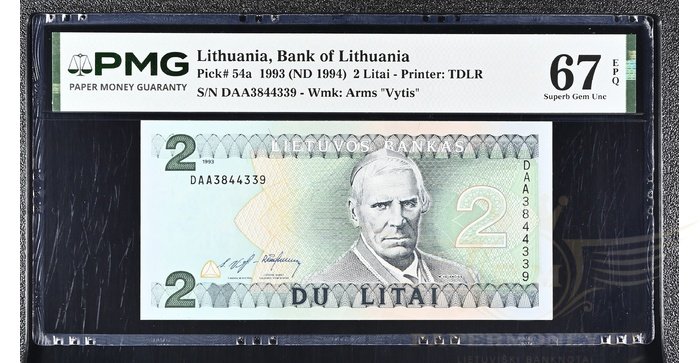 #54 1993 m. 2 litai  DAA serija PMG67!