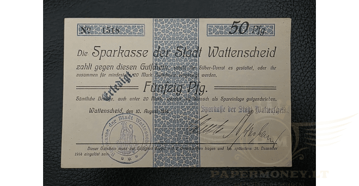 Vokietija 1914 50 pfenigių XF  - GERMANY WATTENSCHEID 1914 X-Large 50 Pfennig Early WWI German Notgeld, XF