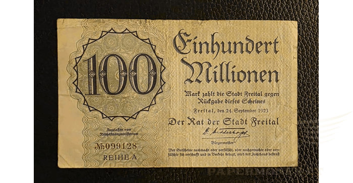 Vokietija 1923 100 milijonų markių VF - Germany:Notgeld 100000000 Mark,1923 * Freital, VF