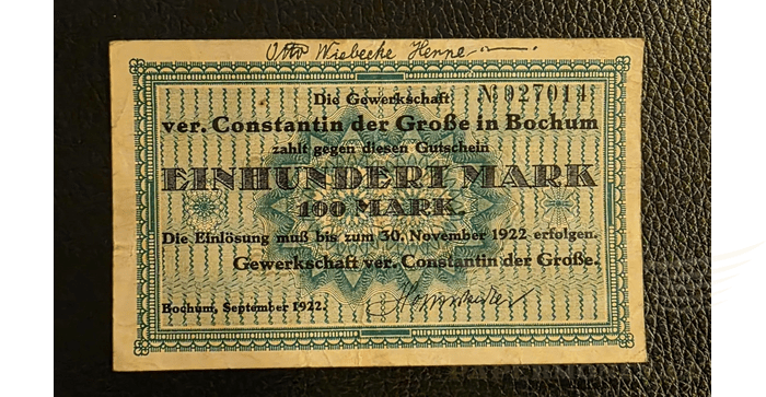 Vokietija 1922, 100 markių VF - Germany, Bochum, 100 Mark 1922, VF