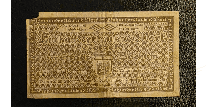 Vokietija 1923, 100000 markių VF - German Inflation Banknote - Bochum 1923 100000 Mark - Very Fine