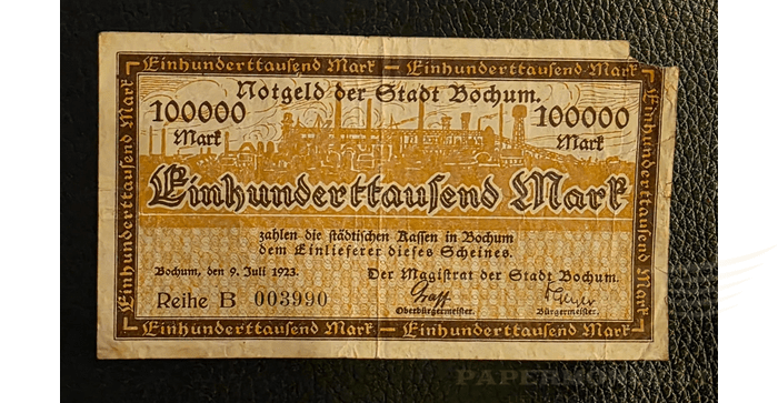 Vokietija 1923, 100000 markių VF - German Inflation Banknote - Bochum 1923 100000 Mark - Very Fine