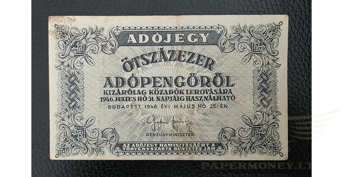 Vengrija 1946 500000 adopengo VF - Hungary 500,000 Adopengo 1946, VF
