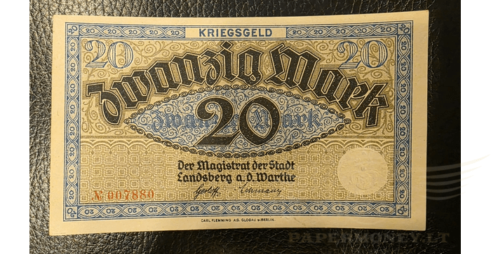 Vokietija 1922, 20 markių UNC - GERMANY 1922 Notgeld Landsberg a. d. Warthe, 20 Mark, UNC