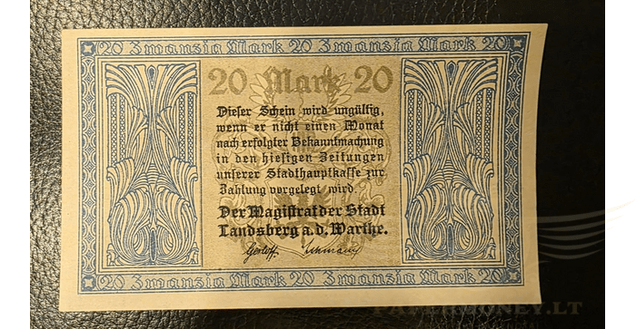 Vokietija 1922, 20 markių UNC - GERMANY 1922 Notgeld Landsberg a. d. Warthe, 20 Mark, UNC
