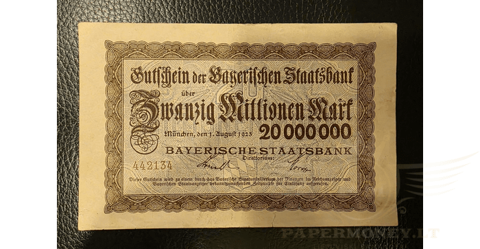 Vokietija 1923 20 milijonų markių VF - Germany, Bayern, Munchen, 20 Millionen Mark 1923 VF