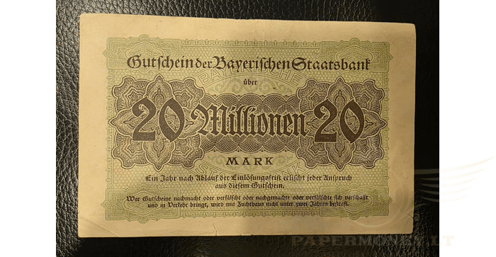 Vokietija 1923 20 milijonų markių VF - Germany, Bayern, Munchen, 20 Millionen Mark 1923 VF