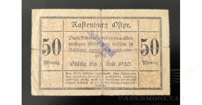 Raistpilis, (Rastenburg) 1919, 50 pfenigių,3 serija, F