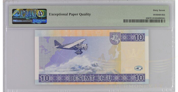 #65 2001 m. 10 litų AA serija žemas numeris PMG67 ! 1