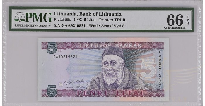 #55 1993 m. 5 litai  GAA serija PMG66!