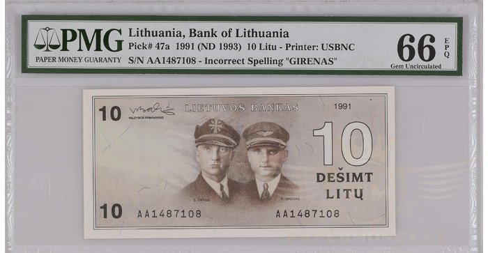 #47a 1991 m. 10 litų  AA serija PMG66 Klaida!