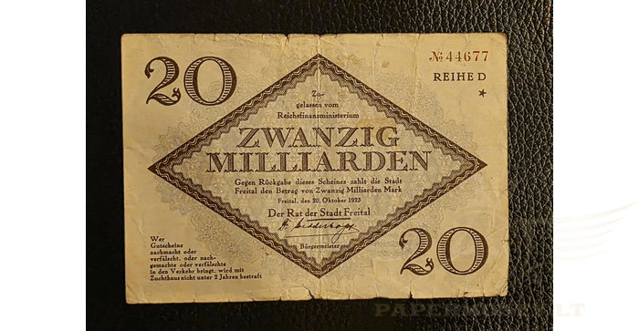 Vokietija 1923 20 milijardų markių VF - GERMANY BANKNOTE 20 BILLION MARK STADT-FREITAL 1923, VF