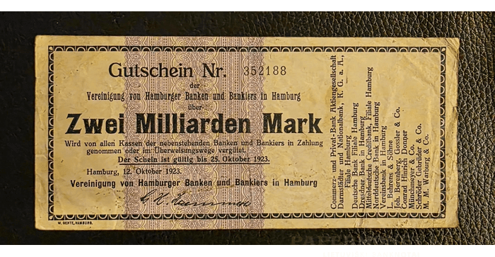 Vokietija 1923,2 milijardai markių VF - Hamburg -Vereinigung HH Banken/Bankiers- 2 Milliarden Mark 1923, VF