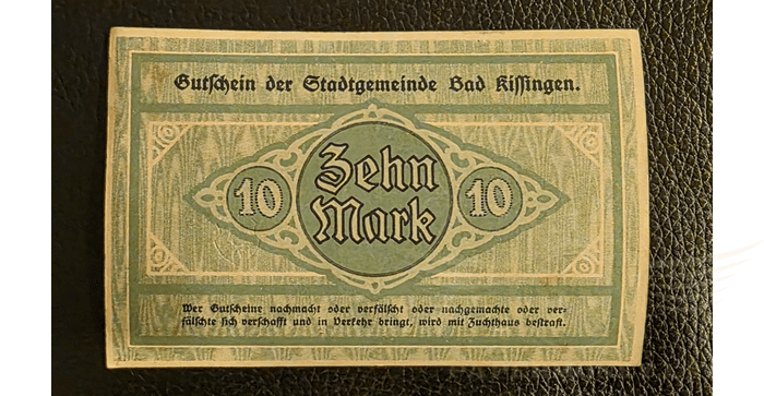 Vokietija 1918 10 markių aUNC - Germany, Bad Kissingen/ Stadt, 10 Mark, 1918, aunc