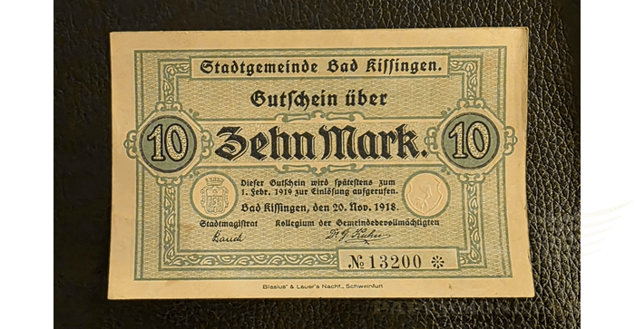Vokietija 1918 10 markių aUNC - Germany, Bad Kissingen/ Stadt, 10 Mark, 1918, aunc