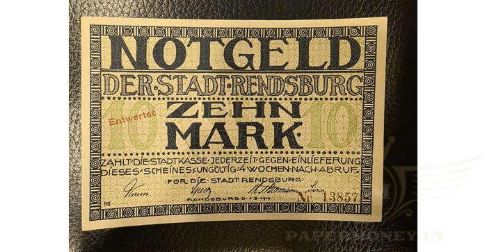 Vokietija 1919 10 markių UNC - Germany RENDSBURG 1919, 10 Mark Notgeld UNC