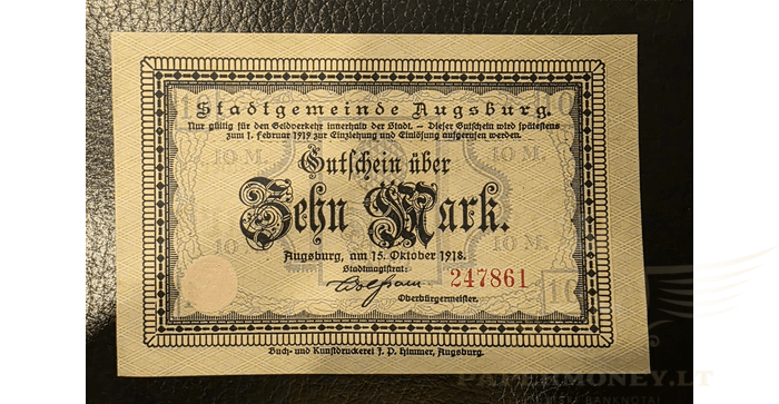 Vokietija 1918, 10 markių aUNC - GERMANY BANKNOTE 10 MARK AUGSBURG 1918 aUNC