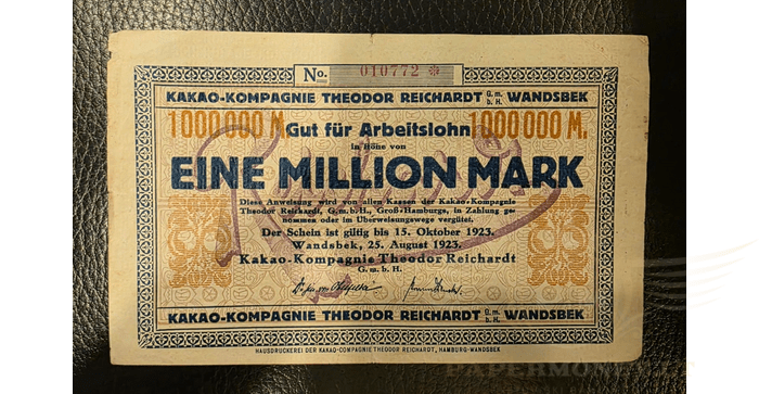 Vokietija 1923, 1 milijonas markių VF - Germany 1 Mln Mark 1923 Hamburg / Wandsbek - Kakao Kompagnie, VF