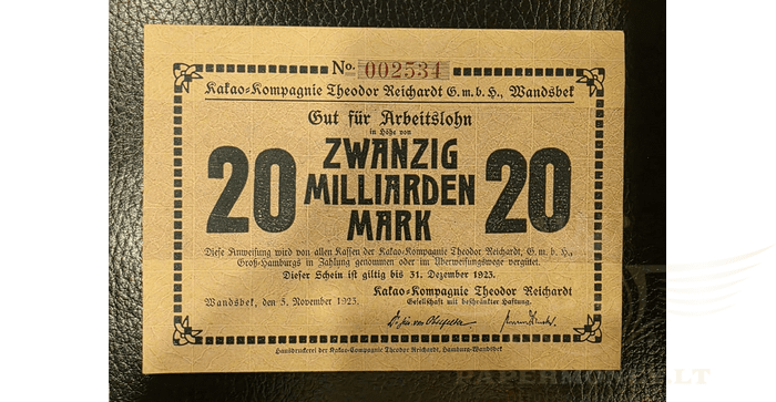 Vokietija 1923 20 milijardų markių XF -  Germany, 20 Billion Mark 1923 - Kakao plant, Wandsbek, XF