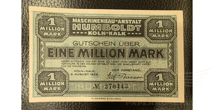 Vokietija 1923, 1 milijonas markių  - Köln-Kalk/ Maschinenbau-Anstalt Humboldt, 1.000.000 Mark, 1923 Germany