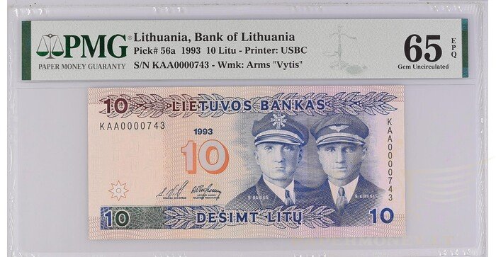 #56 1993 m. 10 litų  KAA serija žemas numeris PMG65!
