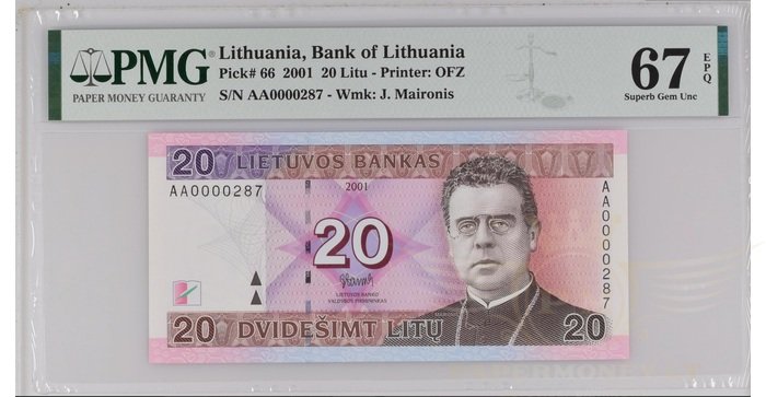 #66 2001 m. 20 litų AA serija žemas numeris PMG67 !